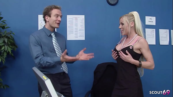 Blonde Cougar Female Boss in sexy Lingerie and Stockings seduce Co-Worker to Risky Office Fuck at his First Day
