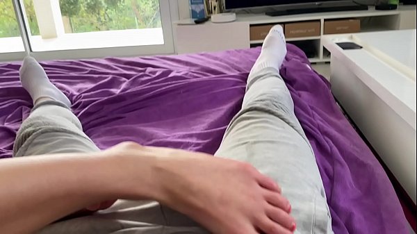 I JACK HIM HIS BIG COCK WITH MY HANDS & SMALL FEET & LICK HIS STILL HOT CUM ON MY FEET!