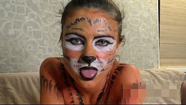 Babe in Tigress Bodypainting Blowjob and Doggy Fucking - Amateur