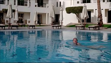 Hot busty GILF MariaOld in bikini flashing shaved pussy underwater