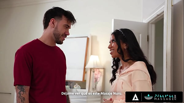 NURU MASSAGE - Cute Ebony Ameena Green Gives Her First NURU And It's VERY Naughty SPANISH SUBTITLES