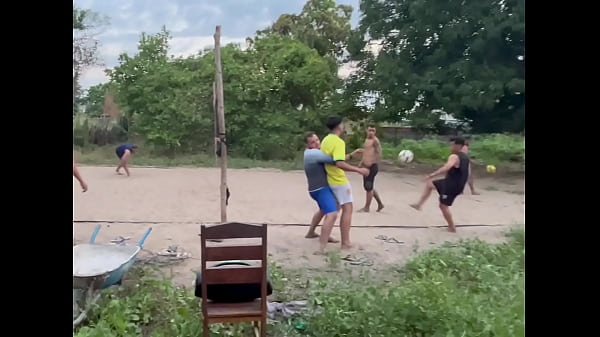 Chubby guy blowing big guy in the open air