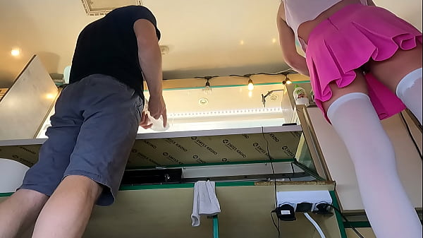 18 yo girl working in white stockings pearl thongs pink mini skirt and braless for extra cash.MP4