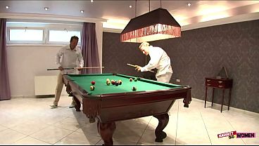 Racy blonde loses a game of pool and gets DPed by her two friends