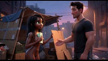 Slim dark-skinned street beauty shares intimate shelter moment with generous stranger in dim alley (AI generated)