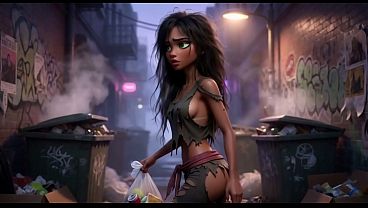 Slim dark-skinned street beauty shares intimate shelter moment with generous stranger in dim alley (AI generated)