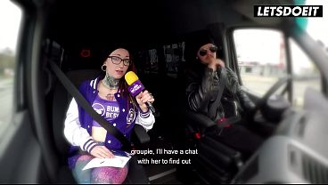 Tattooed Redhead Tempts Busty Babe Into Van to Fuck Her Tits
