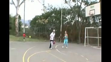 Busty cute petite teen Paris Milan plays on the court