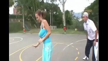 Busty cute petite teen Paris Milan plays on the court