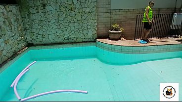 Single bosses come home from a party and hook up with a naked BBW employee sunbathing by the pool.