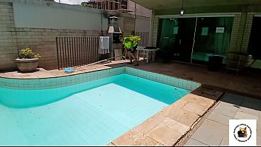 Single bosses come home from a party and hook up with a naked BBW employee sunbathing by the pool.