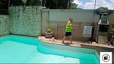 Single bosses come home from a party and hook up with a naked BBW employee sunbathing by the pool.