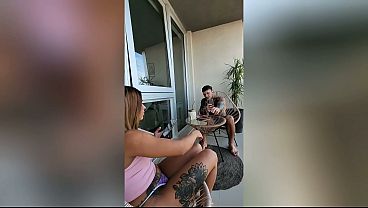 Afternoon relaxing on the balcony: Snack, dancing, deep blowjob and sex on the railing