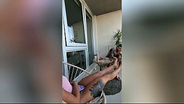 Afternoon relaxing on the balcony: Snack, dancing, deep blowjob and sex on the railing