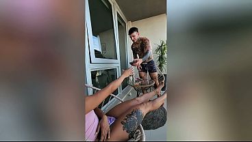 Afternoon relaxing on the balcony: Snack, dancing, deep blowjob and sex on the railing