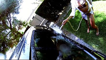 Miss Wet T-Shirt Washes Car and Gets Pussy Fucked
