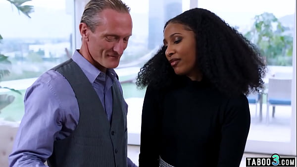 Petite ebony babe Olivia Jay fucking hard her old lovers big white cock