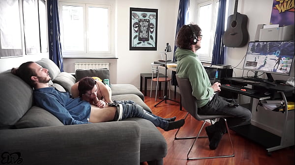 Upgrade unlocked for the NERD boy! 3-some starts on the COUCH (ITALIAN DIALOGUE) - Cum on TITS!