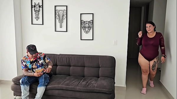 BBW slut cheats in her family living room while her husband is gone. She bounces her fat ass in cock, Lover fucks her raw on the couch, bounces her big tits and makes her swallow his cum like a whore