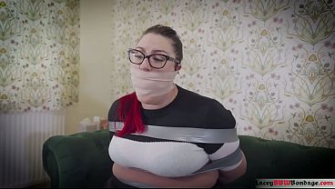 BBW girl next door Lacey tied and wrapgagged in sweater while wearing pantyhose in tape bondage