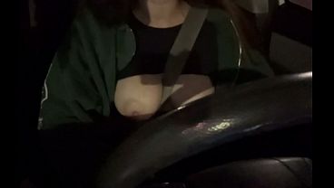 Italian Big Tits Hot solo Car ride with her juicy tits Flashing