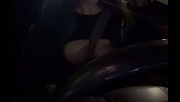 Italian Big Tits Hot solo Car ride with her juicy tits Flashing