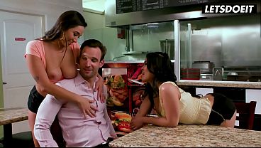 Big-Tit Latina Fucking Titfuck While Two Girls Suck His Cock... He's Outnumbered