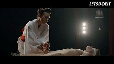 Footjob in Wooden Sandals, Then She Deepthroats Him Blindfolded on Stage