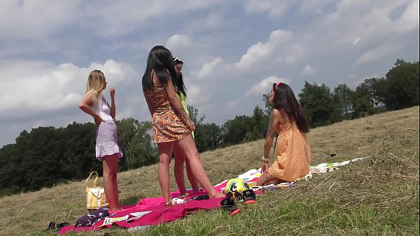Party Girls Outdoors No Panties and with Lingerie in Miniskirt and Short Sun Dress Try On with Twister Game Play