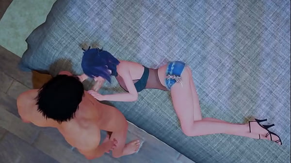 Hentai Girl with Blue hair gives blowjob, foot job and take is up the ass