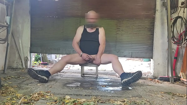 Naked fat boy jerking in garage BIG load
