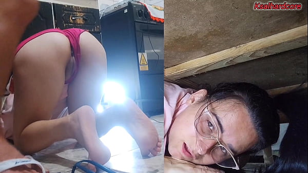 The stepson sees the helplessness of his stepmother trapped under the sink