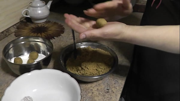 Milf. Beautiful sexy blonde MILF Frina in transparent peignoir without panties in kitchen continues naked cooking and prepares sweet dessert for New Year. Then masturbates wet pussy with fingers and gets strong orgasm. Pussy masturbation. Hairy pussy Tits