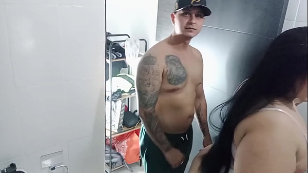 Chubby girl with a big ass is fucked in the bathroom by her horny stepsister and he fills her ass with milk