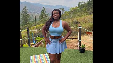 A gorgeous Ebony Milf Fucks her trainer, who’s got a massive cock , with her tight pussy whilst her husband’s away