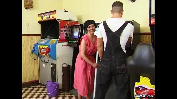 Hairy granny takes young cock on the pool table