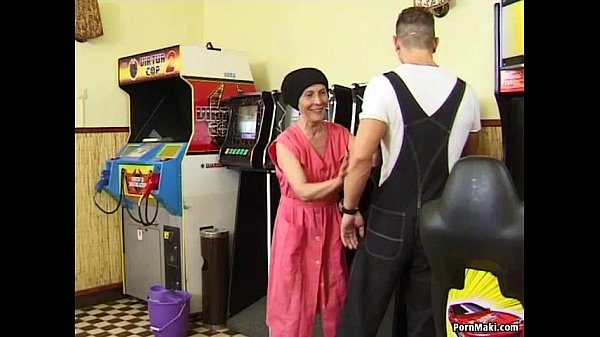 Hairy granny takes young cock on the pool table