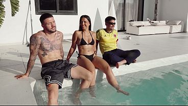 We invited our neighbor to the pool and ended up sticking both our cocks in her tight pussy at the same time - Nuria Millan