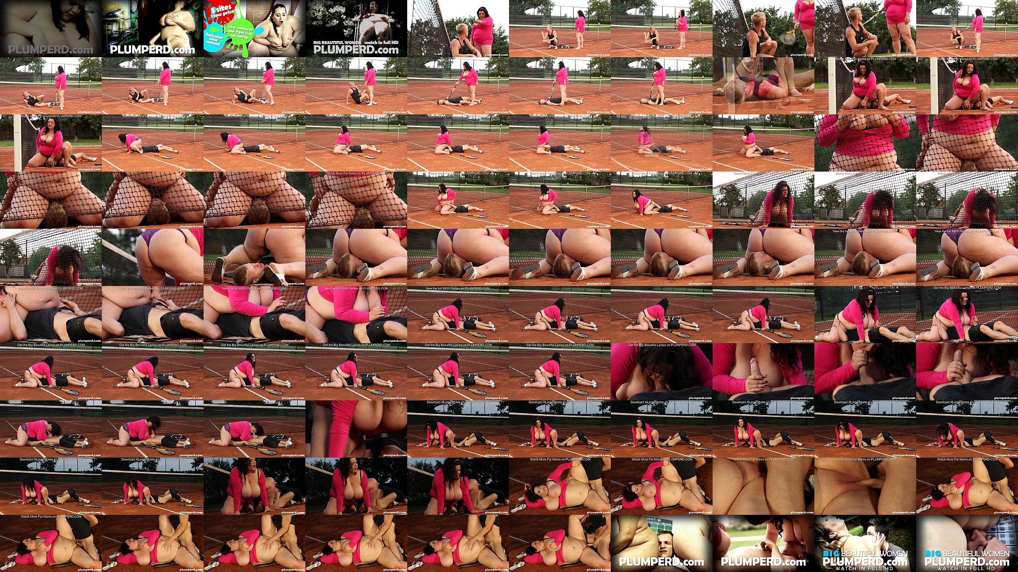 Obese woman facesits on her trainer at the tennis court 预览图