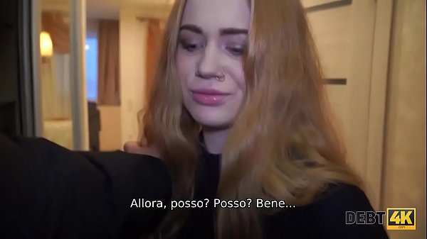 Debt4k. Crafty guy fucks red-haired cutie's shaved pussy for debt