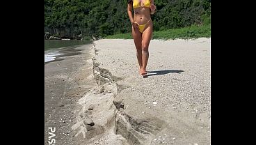 Sexy yellow bikini flashing and public fun