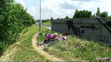 Nymphomaniac blonde MILF seduce Stranger Guy to Risky Outdoor Fuck directly to Street at Parking Place