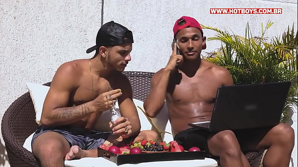 Friends eating gym guys in the pool at home