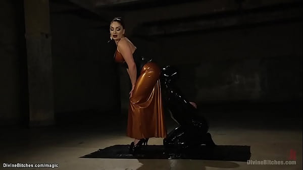 Busty femdom pegging man in suspension