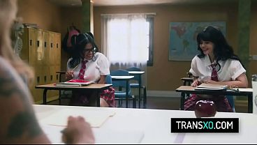 two bratty babes fucked by their trans teacher in the classroom 