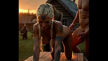 AI Generated Viking Blonde Has Sex with Muscular Man on Table at Sunset