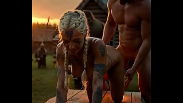 AI Generated Viking Blonde Has Sex with Muscular Man on Table at Sunset
