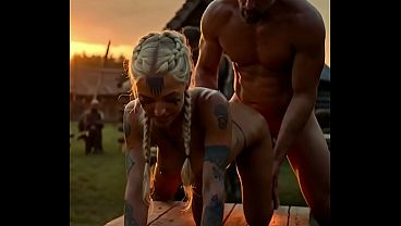 AIが生成した金髪のバイキングが夕暮れ時のテーブルの上で筋肉質の男性とセックスをする