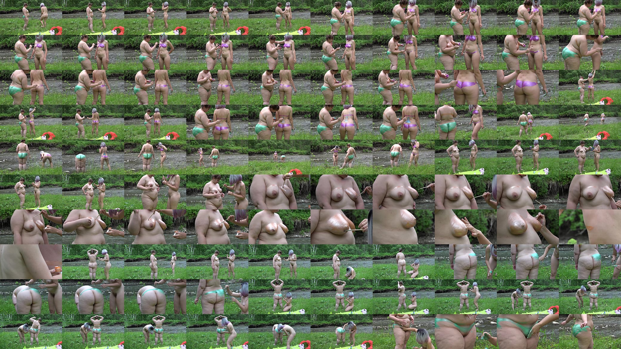 Naked lesbians with big asses draw body art in nature. A very hairy pussy and a shaved fat cunt are having fun with paints on the river bank. Amateur fetish. 预览图