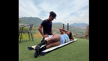 A gorgeous Ebony Milf Fucks her trainer, who’s got a massive cock , with her tight pussy whilst her husband’s away
